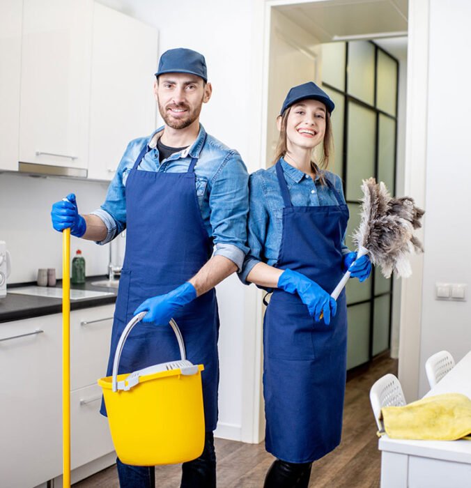 Portrait of a couple as a professional cleaners in uniform standing together with cleaning tools indoors